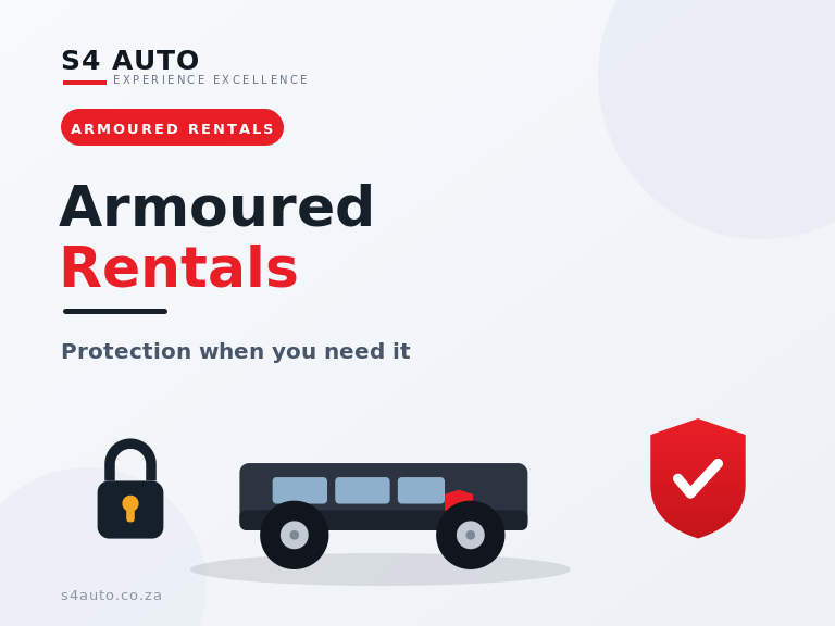Armoured Rentals advertisement featuring a dark armored bus graphic, a padlock icon, and a red shield, with S4 Auto branding and the tagline 'Protection when you need it'.