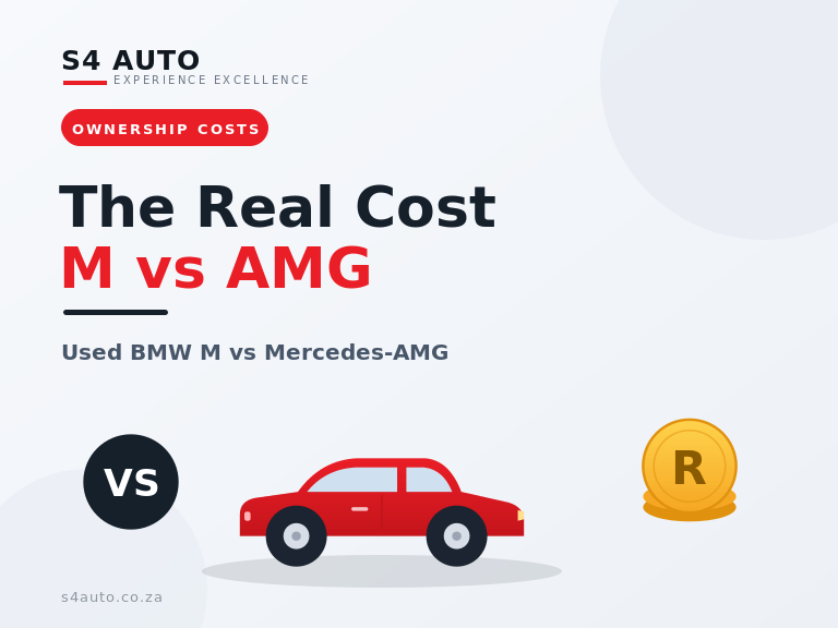 Hero banner comparing used BMW M vs Mercedes-AMG: red car between a VS circle and a gold coin, with the headline 'The Real Cost M vs AMG'