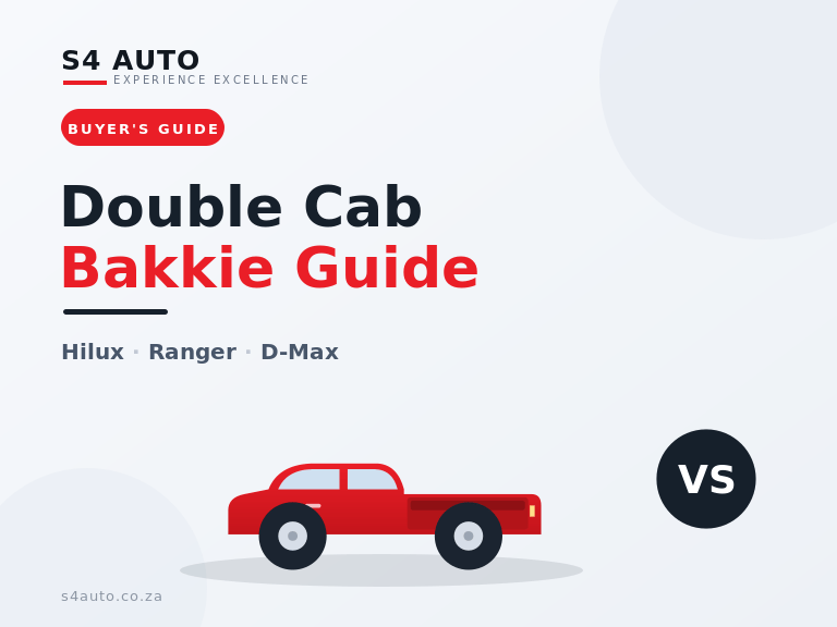 Hero image for S4 Auto's Double Cab Bakkie Guide: red double-cab pickup truck illustration with a VS badge on a light background.