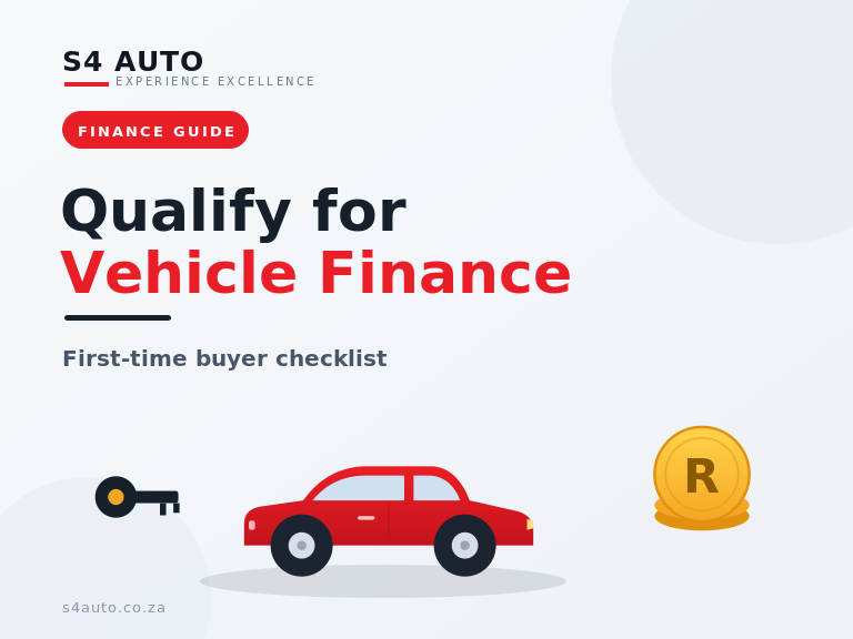 Hero graphic for vehicle finance guide: red car, key, and coins with 'Qualify for Vehicle Finance' headline and 'First-time buyer checklist' subheading.