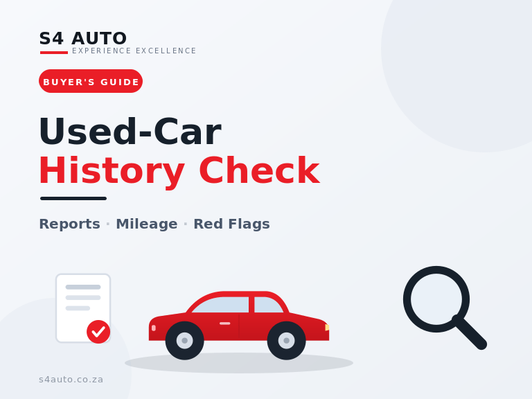 Used-Car History Check hero: red car, checklist document, and a large magnifying glass.