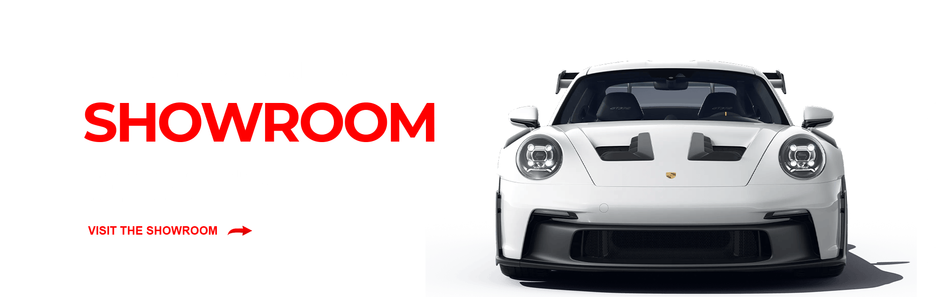 Hero banner showcasing a white Porsche sports car on a green background with bold red 'SHOWROOM' text and left-aligned marketing copy; right edge features vertical 'EXPERIENCE' text.