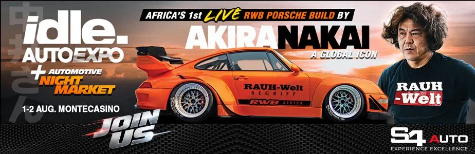 Promotional banner for Idle Auto Expo featuring an orange Rauh-Welt Porsche by Akira Nakai and his portrait on the right, with event details.