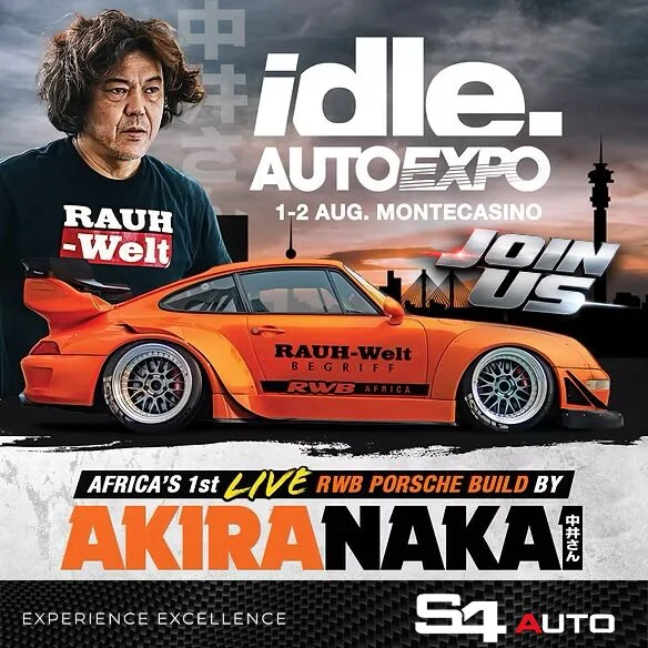 Promotional banner for Idle Auto Expo featuring an orange Rauh-Welt Porsche by Akira Nakai and his portrait on the right, with event details.